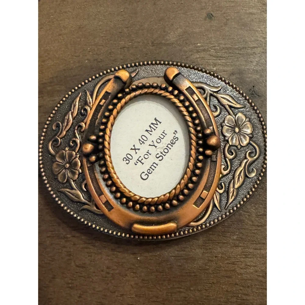 Western Horseshoe Belt Buckle Copper‎ Tone Floral Oval 30x40mm Gemstone Mount